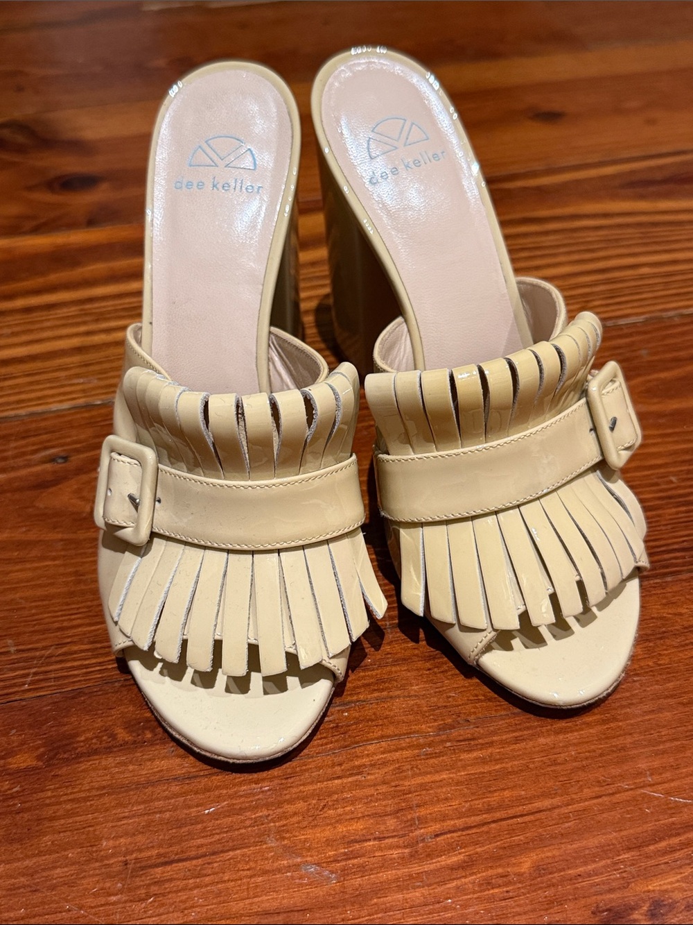 Dee Keller Tan Fringe Buckle Slip-On Mules